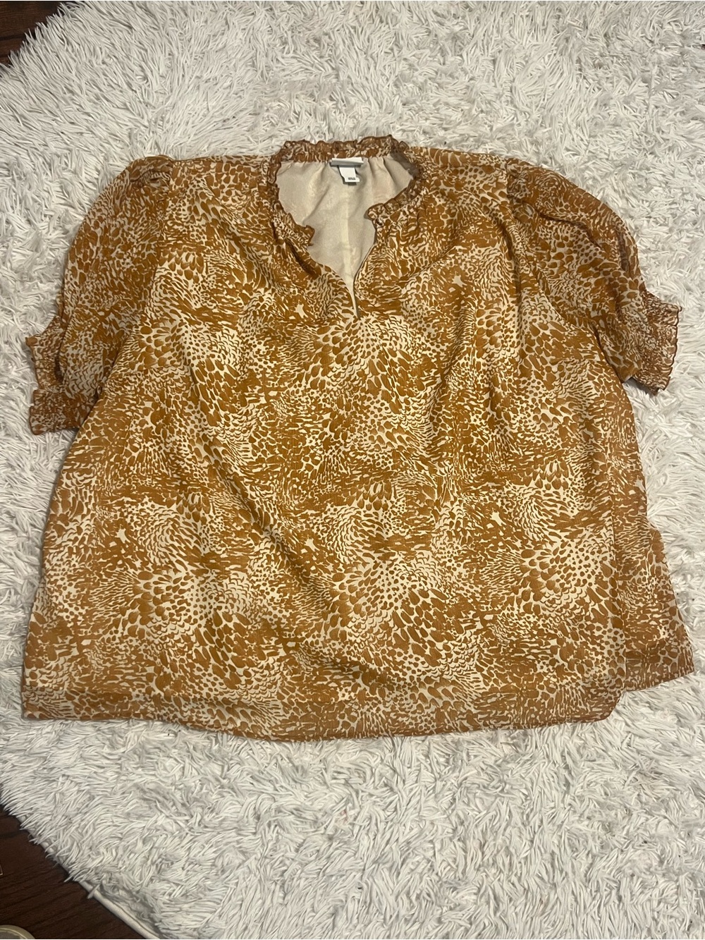 Ava & Viv Mustard Animal-Print Ruffled V-Neck Short-Sleeve Top